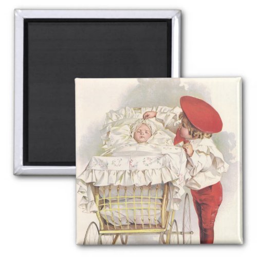 Vintage Victorian Children Child and Baby in Pram Magnet