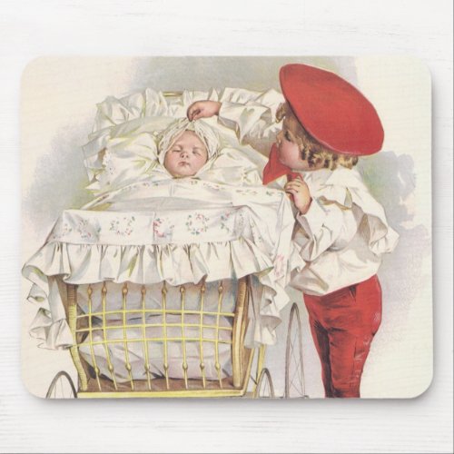 Vintage Victorian Children Child and Baby in Pram Mouse Pad