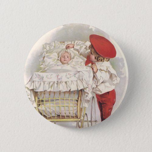 Vintage Victorian Children Child and Baby in Pram Pinback Button