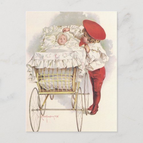 Vintage Victorian Children Child and Baby in Pram Postcard