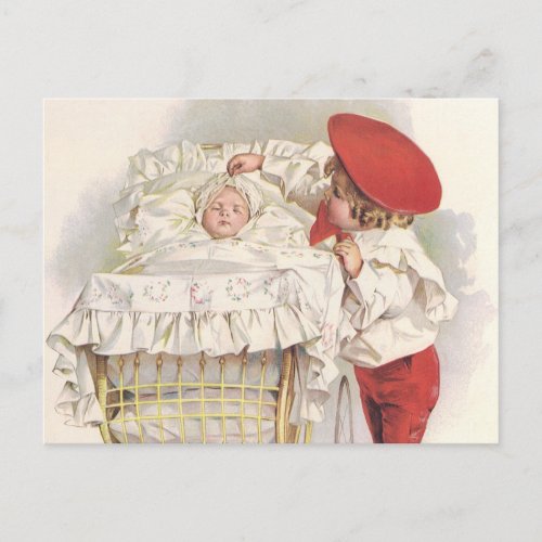 Vintage Victorian Children Child and Baby in Pram Postcard