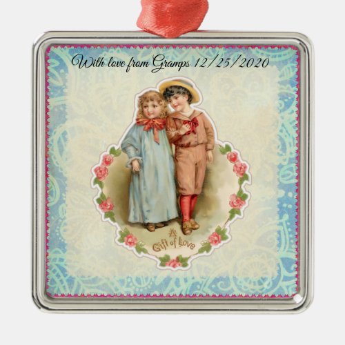 Vintage Victorian Children Gift of Love Valentine Metal Ornament