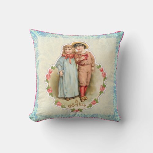 Vintage Victorian Children Gift of Love Valentine Throw Pillow