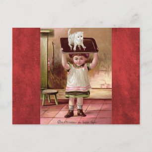 Vintage Victorian Christmas Cat on Tea Tray 1880s Holiday Postcard