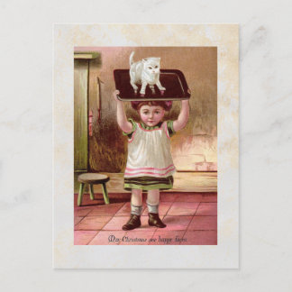 Vintage Victorian Christmas Cat on Tea Tray 1880s Holiday Postcard