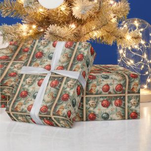Vintage Victorian Christmas Cats Ornaments Pine Wrapping Paper