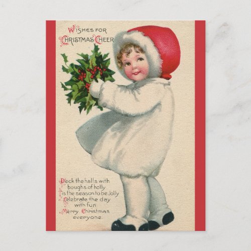 Vintage Victorian Christmas Child with Holly Postcard