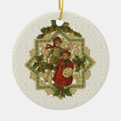 Vintage Victorian Christmas Children Ceramic Ornament