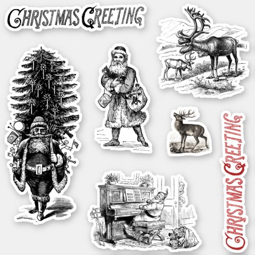 Vintage Victorian Christmas Greeting Santa Deer  Sticker