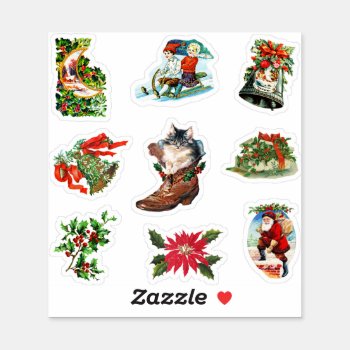 Vintage Victorian Christmas Holly Bells Santa Cat Sticker by tanjica_art at Zazzle