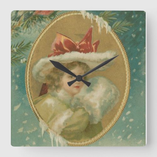 Vintage Victorian Christmas Lady Square Wall Clock