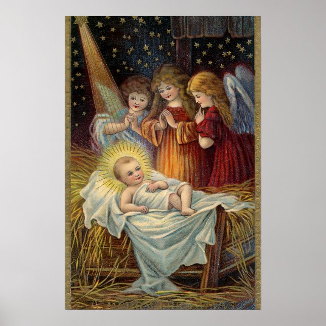 Vintage Victorian Christmas Nativity Angels Poster (Front)