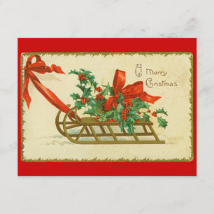 Vintage Victorian Christmas Sled Holly Invitation