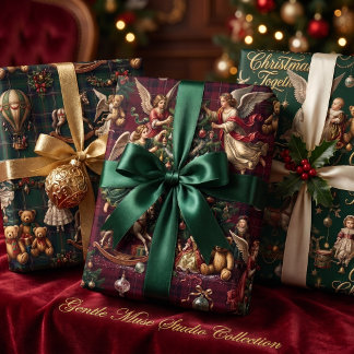 Vintage Victorian Christmas Toys & Angels Wrapping Paper Sheets