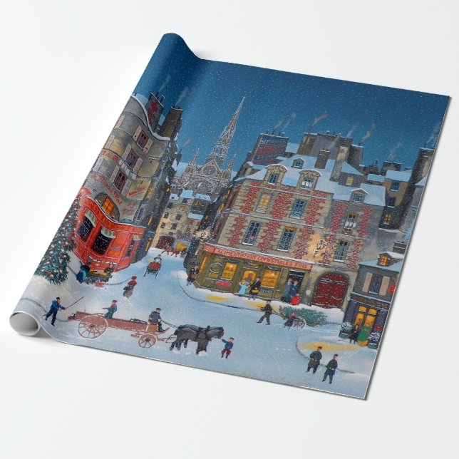 Vintage Victorian Christmas Village Wrapping Paper (Unrolled)