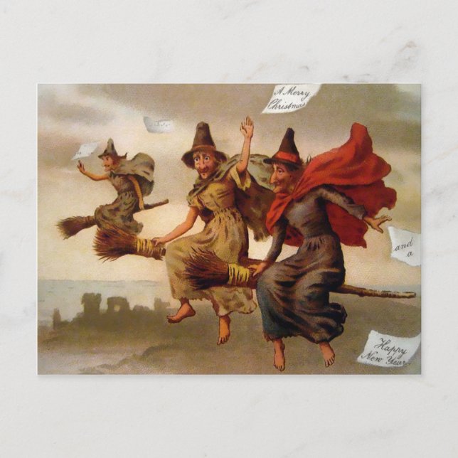 Vintage Victorian Christmas Witches Postcard (Front)