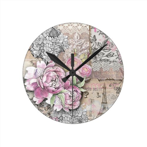 Vintage,victorian,collage,rustic,shabby chic,roses round wallclock
