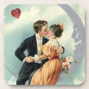 Vintage Victorian Couple Kiss on a Crescent Moon Beverage Coaster