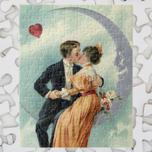 Vintage Victorian Couple Kiss on a Crescent Moon Jigsaw Puzzle