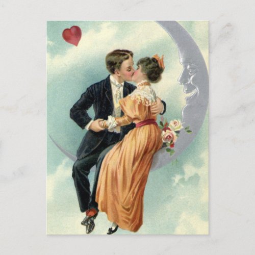 Vintage Victorian Couple Kiss on a Crescent Moon Postcard