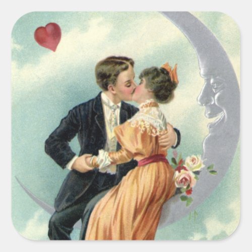 Vintage Victorian Couple Kiss on a Crescent Moon Square Sticker