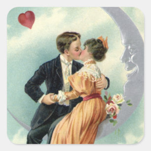 Vintage Victorian Couple Kiss on a Crescent Moon Square Sticker
