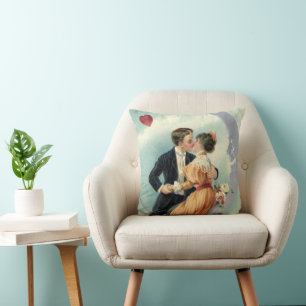Vintage Victorian Couple Kiss on a Crescent Moon Throw Pillow