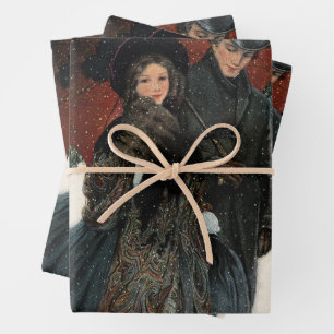 Vintage Victorian Couple Walking in the Snow Wrapping Paper Sheets