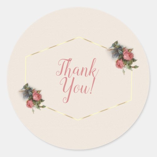 Vintage Victorian Crimson Pink Roses Thank You Classic Round Sticker