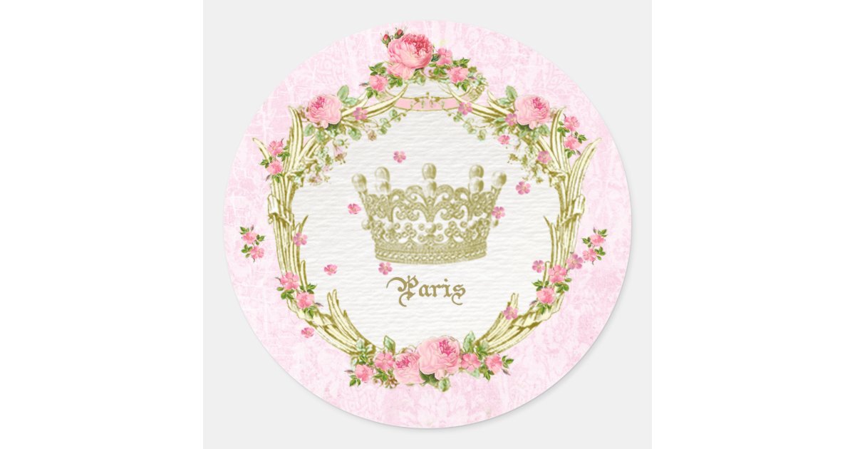 Vintage Victorian Crown Pink Roses Flame Classic Round Sticker | Zazzle