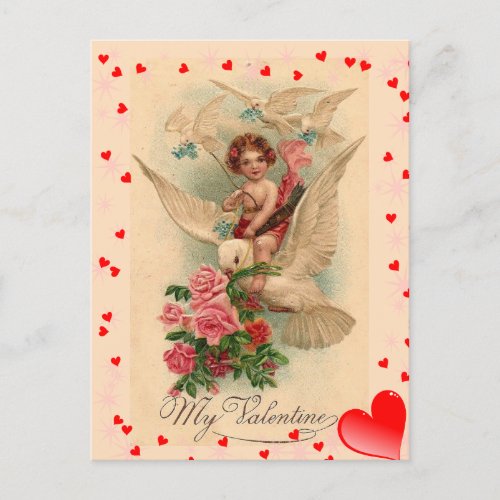 Vintage Victorian Cupid on Dove Valentine Postcard