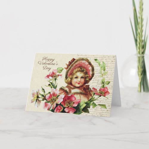 Vintage Victorian Cute Little Girl with Roses  Holiday Card