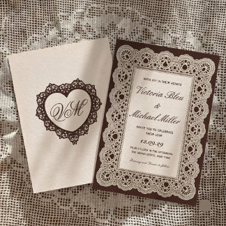 Vintage Victorian Dark Brown Cream Lace Wedding Invitation