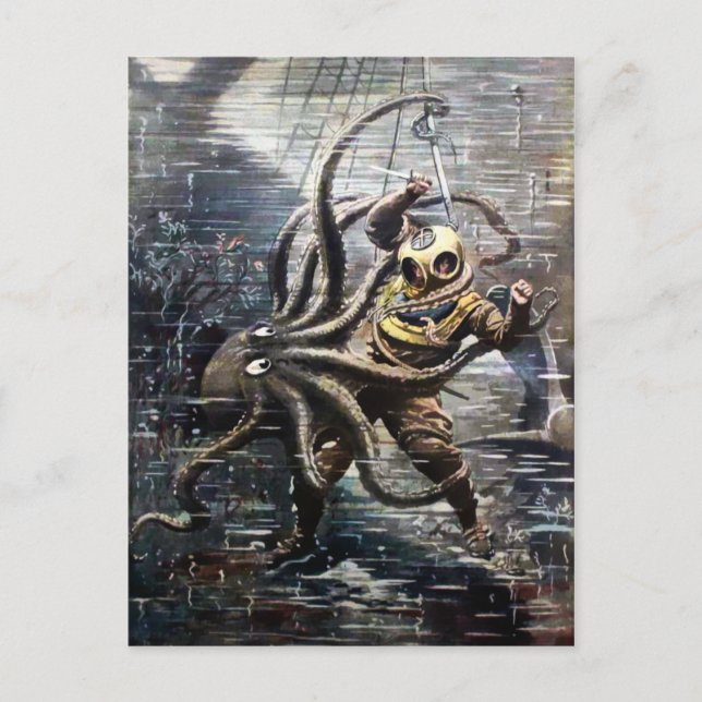 Vintage Victorian Diver Octopus Fight Postcard (Front)