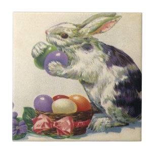 Vintage Victorian Easter Bunny, Flowers and Eggs Ceramic Tile