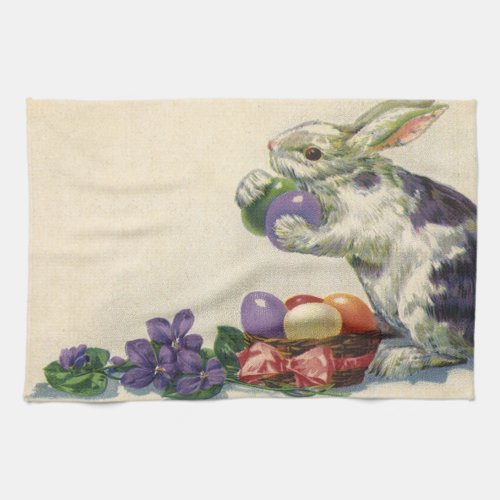 Vintage Victorian Easter Bunny Flowers and Eggs Kitchen Towel