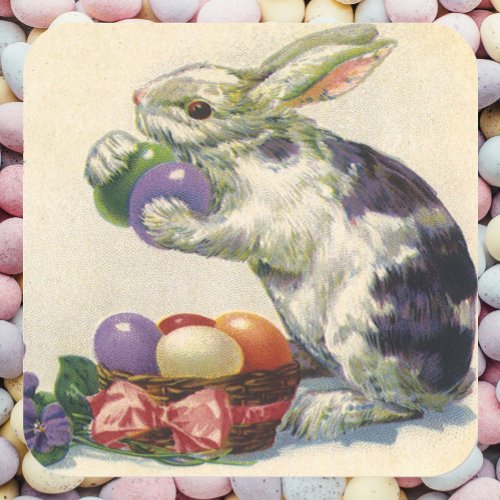 Vintage Victorian Easter Bunny Flowers and Eggs Square Sticker