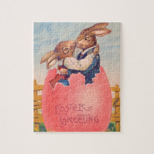 Vintage Victorian Easter Greeting Two Bunnies Kiss Jigsaw Puzzle