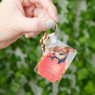Vintage Victorian Easter Greeting Two Bunnies Kiss Keychain