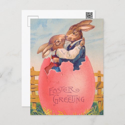 Vintage Victorian Easter Greeting Two Bunnies Kiss Postcard