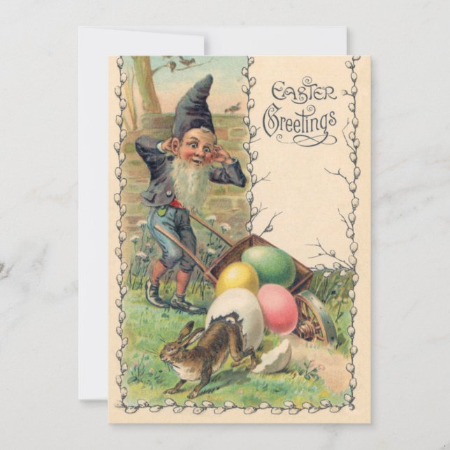 Vintage Victorian Easter Greetings with Gnome Invitation (Front)