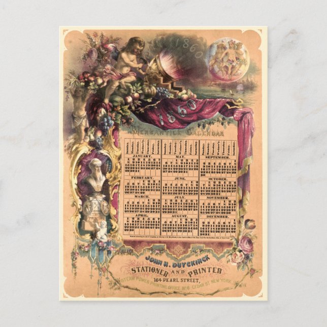Vintage Victorian Era 1860 Mercantile Calendar Postcard (Front)