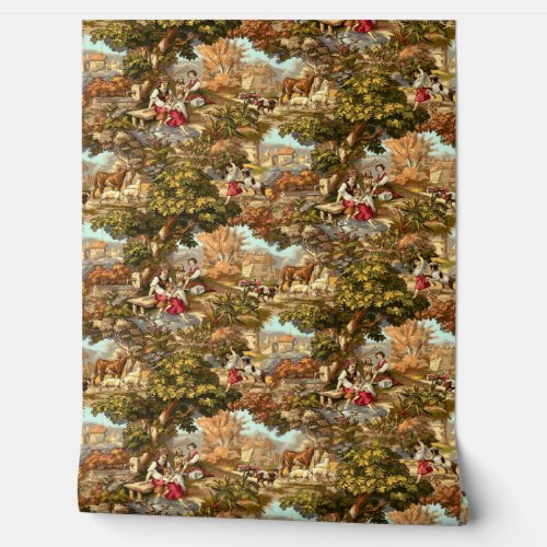 Vintage Victorian Era 1890 Pastoral Scenes Pattern Wallpaper