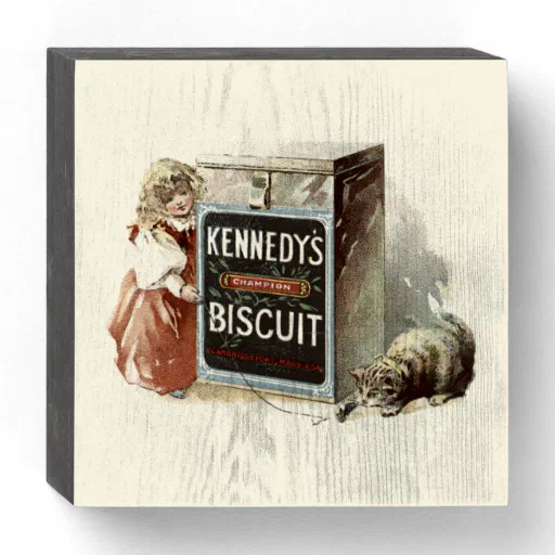 Vintage Victorian Era Cat &amp; Girl Biscuit Ad Wooden Box Sign
