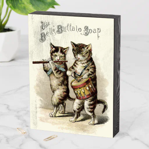 Vintage Victorian Era Cats With Drum Soap Ad Wooden Box Sign
