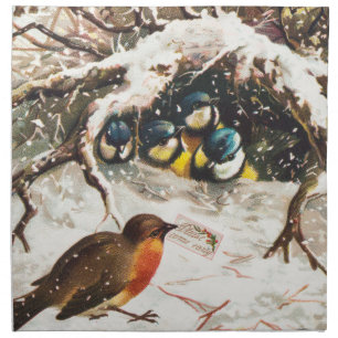 Vintage Victorian era Christmas Card, Birds Cloth Napkin