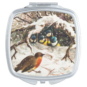 Vintage Victorian era Christmas Card, Birds Compact Mirror