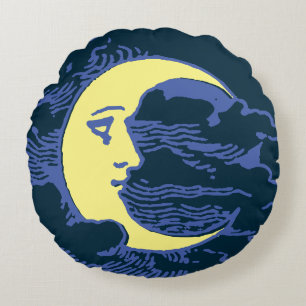 Vintage Victorian Era Crescent Moon Face Round Pillow