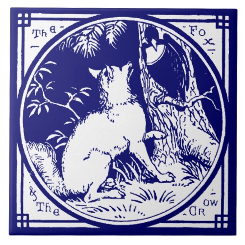 Vintage Victorian Era Fox  Crow Delft Blue Ceramic Tile