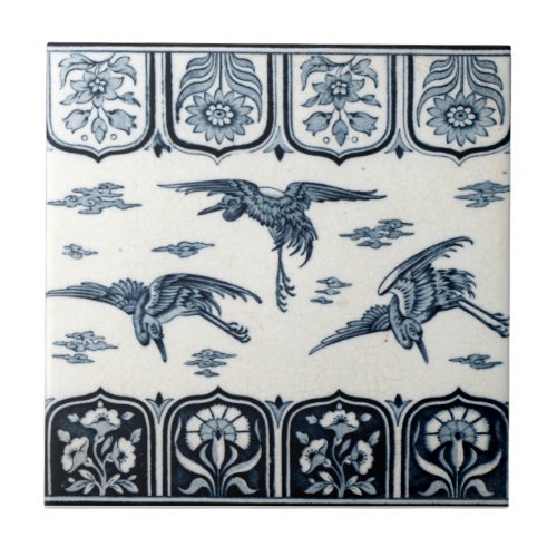Vintage Victorian Era Japanese Cranes Ceramic Tile
